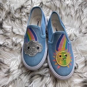 Cat & Jack Slip On Rainbow Sun and Cloud Chambray Shoes Girls Size 11